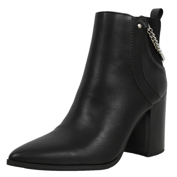Shoes - Size 8 Black Pointy Toe Chain Lace Stacked Block Heel Ankle Bootie